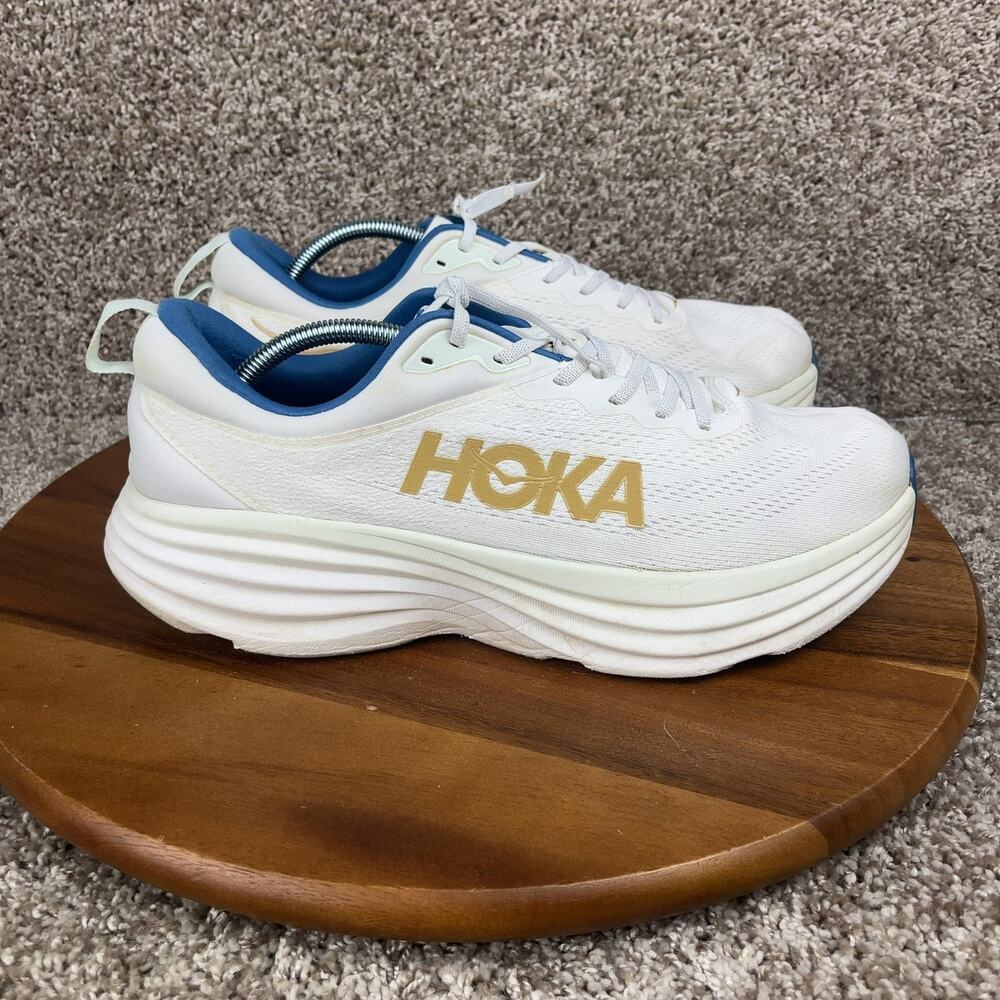 Hoka One One Bondi 8 Mens Size 12.5 D White Gold Athletic Running Shoes Sneakers